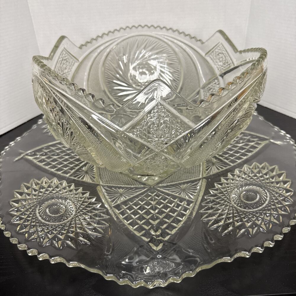 Vintage Cut Crystal Glass Punch Bowl Set with Plate
